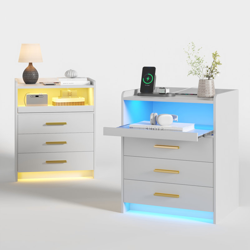 3 Drawer Nightstand With Ligh (set Of 2), White