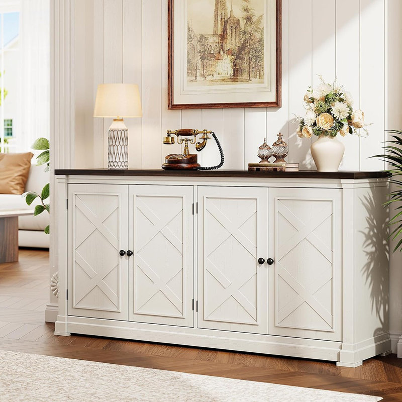 Buffet armoire, blanc cassé - grand buffet avec 4 portes de grange, tablettes réglables et bar à café en bois pour la cuisine ou le salon