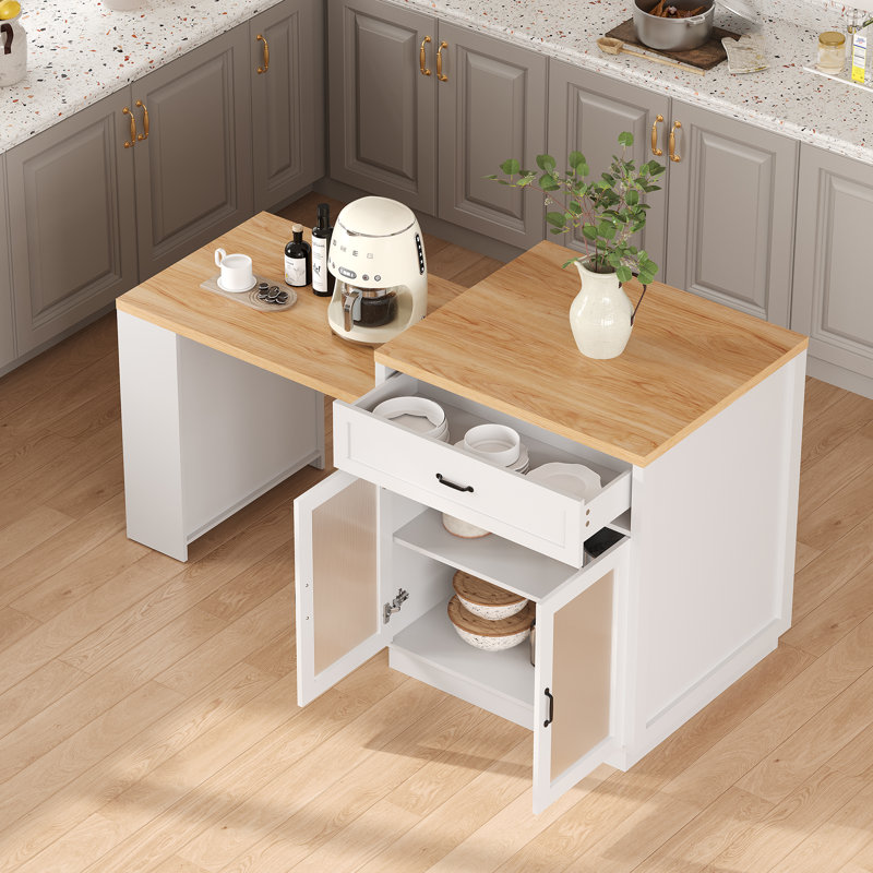 Îlot de cuisine de 73 po avec table de salle à manger extensible, table d'îlot 2-4 avec rangement double-face, chariot de îlot de rangement mobile avec prise de courant et support à épices pour salle à manger, salon, bar personnel