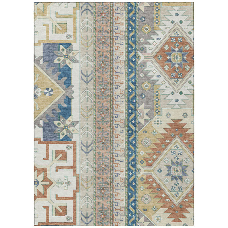 Tapis intérieur / extérieur aztèque lavable ivoire et bleu 9 pi x 12 pi HomeRoots