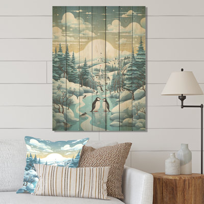 Blue And White Festive Winter Forest - Forest On Wood Print
