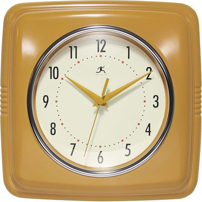 Infinity Instruments Retro Wall Clock - 9 Inch Square Clock - Silent Non-Ticking Mid Century Modern - Kitchen Clock Office Clock Diner Wall Clock - Vintage Wall Clock Decorative - Saffron