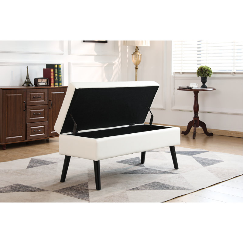 Banc de rangement pour pieds de chambre à coucher - Cuir d'unité centrale blanc, 43,3 po x 17,7 po, et cuir avec couvercle pratique