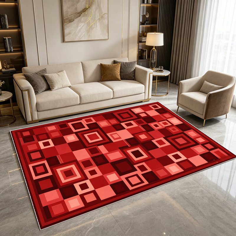 1PC Burgundy Geometric Square Patchwork Mosaic area rugs for Living Room, Soft and Comfortable, Suitable for all seasons, easy-to-maintain, machine washable Indoor floor mat, Under Table Farmhouse suitable for dining room, bedroom, home office,