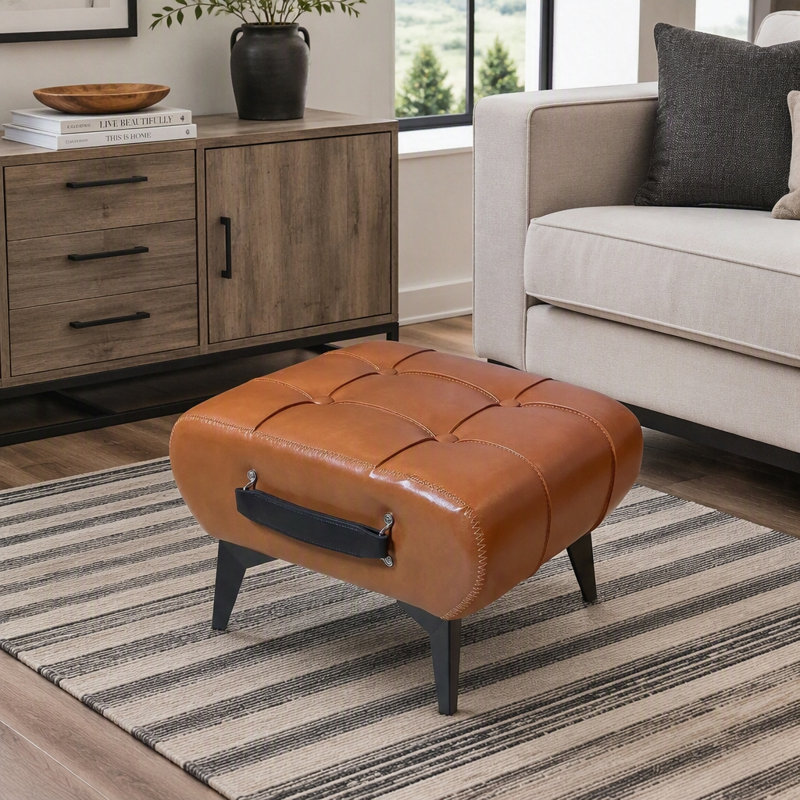 Tabouret de rangement carré en similicuir avec poignée et pieds en métal, rangement caché, Orange, Orange