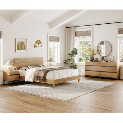 4-Piece Bedroom Set, Queen Bed Frame with Wave Headboard, 6 Drawers Dresser & Set of 2 Nightstands