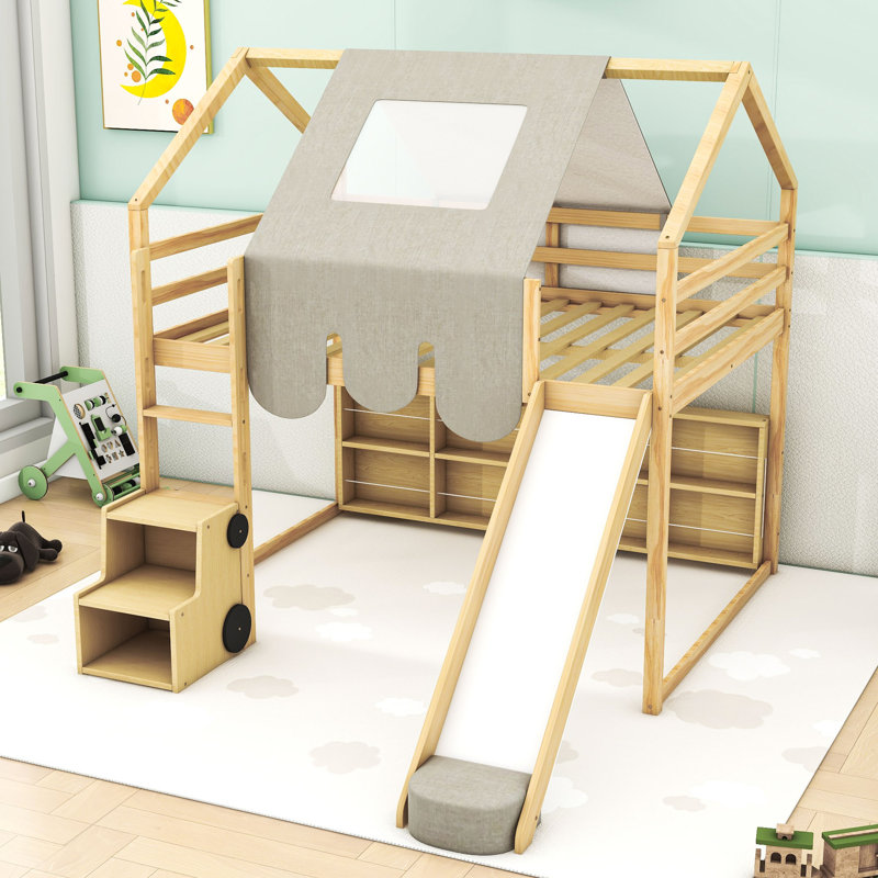 Wooden Loft Bed With A Tent, Storage Shelves And Slide, Natural/Beige, Full