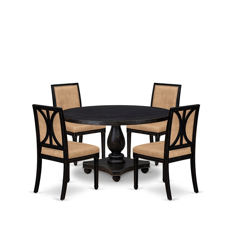 Cet ensemble de salle à manger moderne 5 pièces comprend une table ronde et 4 chaises en polyester gris foncé avec dossier haut et une finition noire sablée.