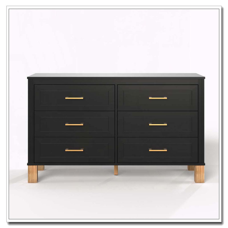 Commode 6 tiroirs moderne avec pieds en bois massif, Noir