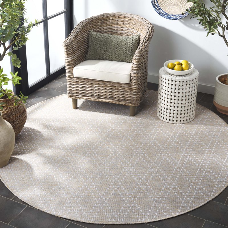 Tapis d'intérieur / extérieur géométrique en polypropylène / polyester Lavaka 850 beige / jaune, Rond 6 pi 7 po
