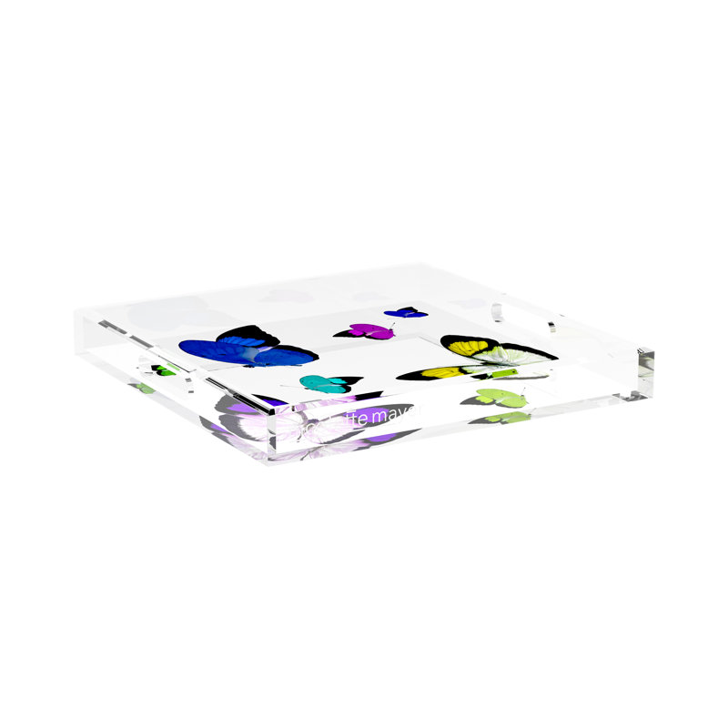 Butterflies Acrylic Decorative Tray, 2" H x 12" W x 12" D, Acid Blue