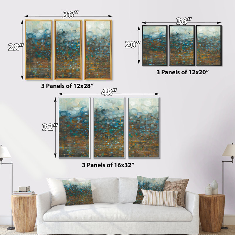 «Blue and Bronze Dots», peinture sur toile 3 pièces, H 20 po x l 36 po, Blanc