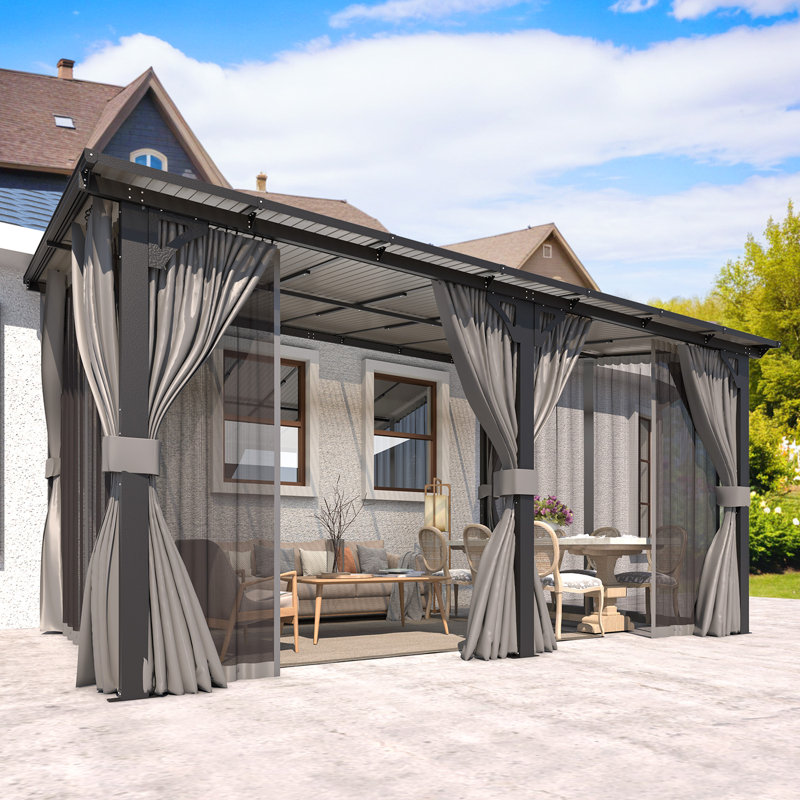 Lean-To Wall-Mounted Pergolas With Curtains And Netting, 96" H x 168" W x 120" D