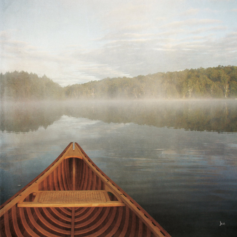 Calm Waters Canoe I, H 36 po x l 36 po, Argent argent, Impression encadrée avec passe-partout
