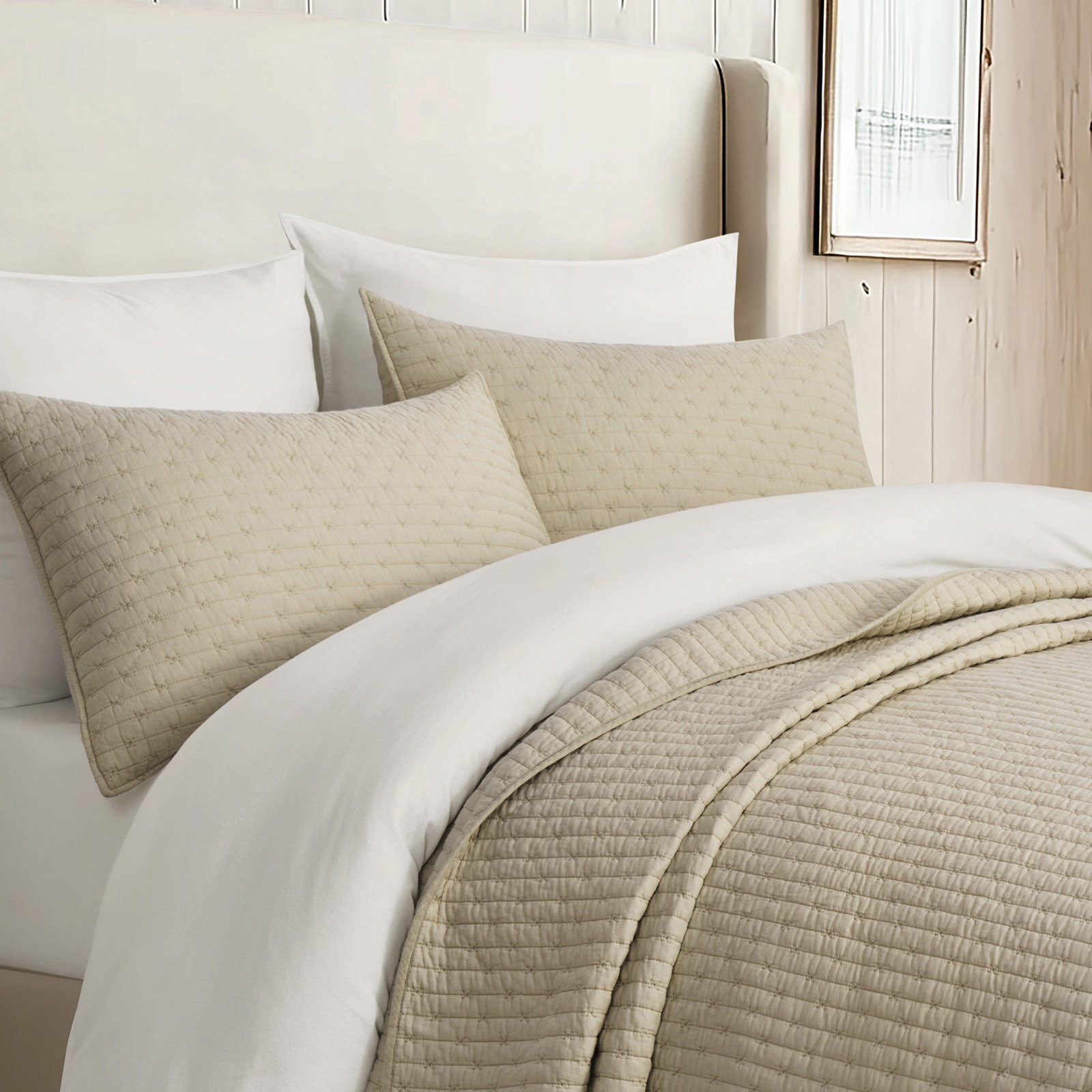 Cross Stitch Cotton Quilt set, Queen, Khaki Tan