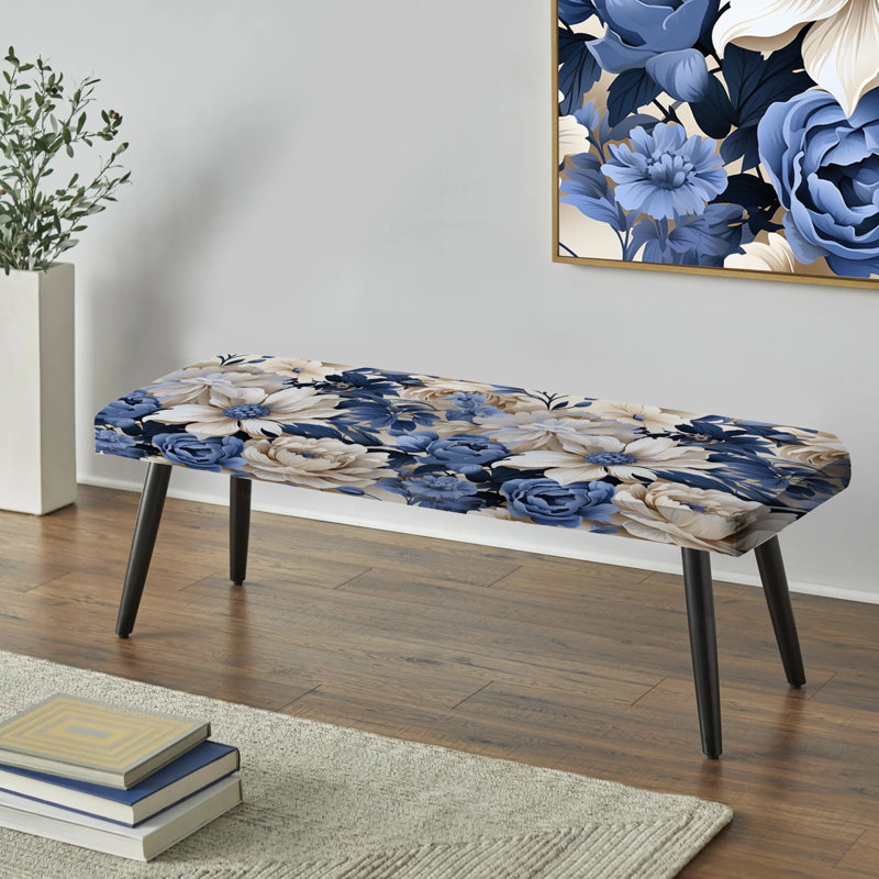 Banc rembourré floral noir Truong, Beige And Blue Farmhouse Floral Pattern I