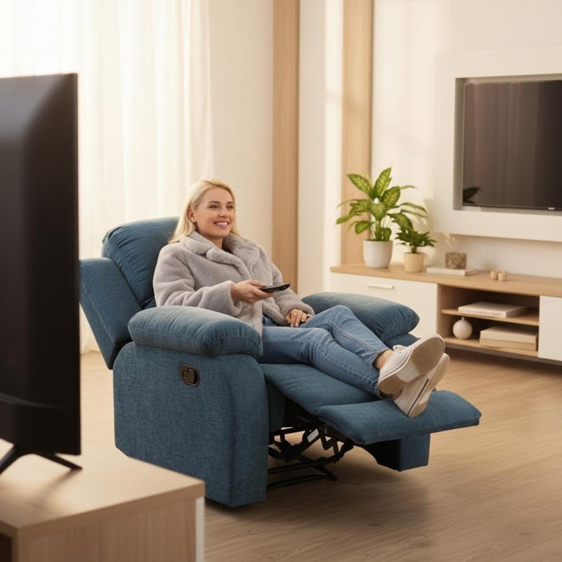 Light Blue Fluffy Fabric Manual Recliner Chair, Multi-Position Single Sofa For Living Room, Ergonomic Lumbar Support, Durable Breathable Upholstery