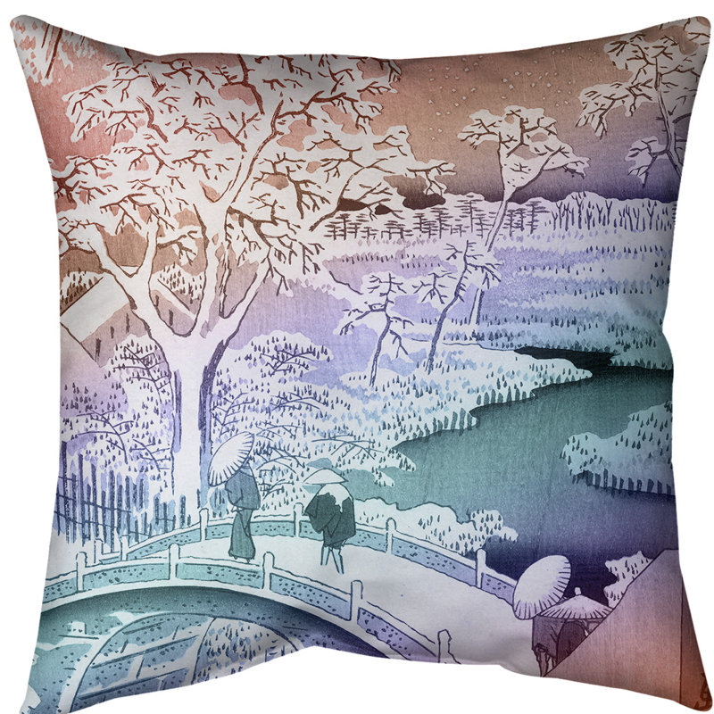 Housse de coussin meguro et pont tambour et coucher de soleil hill, 16 po x 1 po, Rouge / dégradé bleu, Polyester sergé