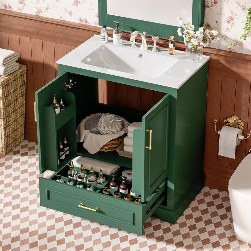 Meuble-lavabo autoportant de 30 po avec lavabo, panneau de fibres à densité moyenne et structure en bois massif, 1 tiroir de séparation et 2 portes à fermeture en douceur (double tablette sur la porte)