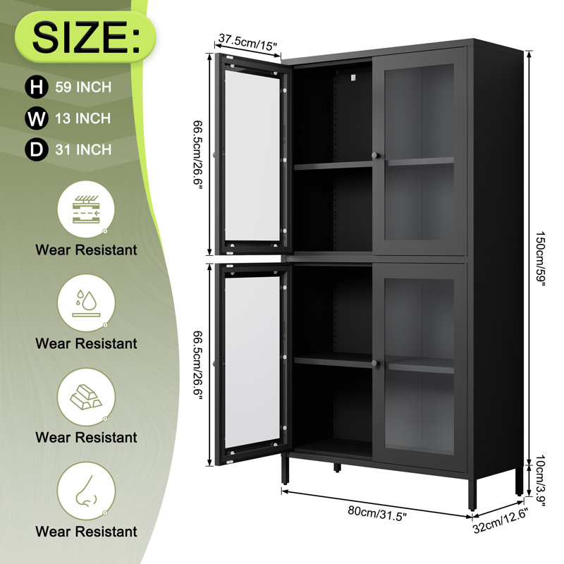 Armoire de rangement en métal noir - 4 portes en verre et 4 tablettes pour la maison / le bureau / le salon