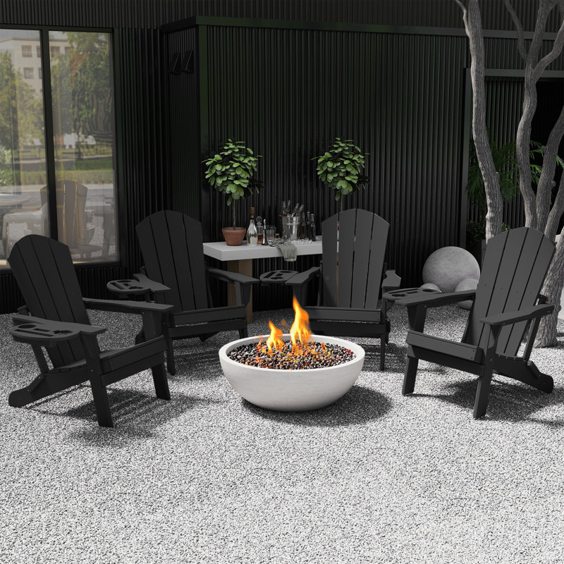  Cheryce HDPE Folding Adirondack Chair With Cup Holder, Black