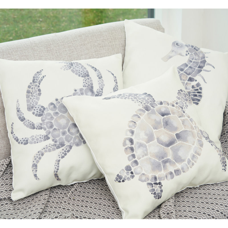 18'' Square White and Gray Embroidered Turtle Pillow