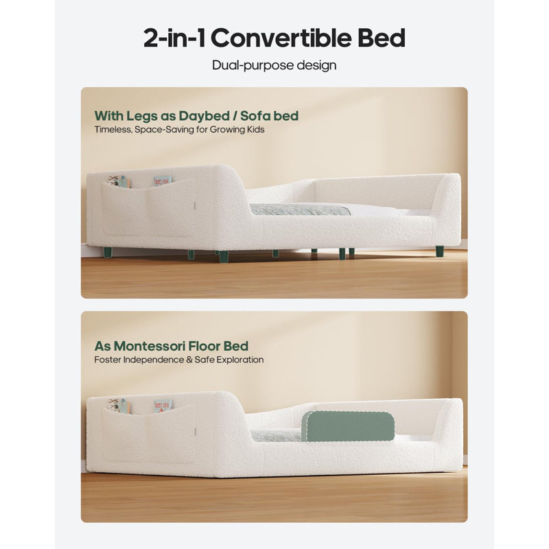 Floor Bed, Low Montessori 2-In-1 Convertible Beds, With Slats And High Rails, Upholstered Teddy Boucle, Curve Round Frame, No Box Spring Needed, Easy Assemble, Beige