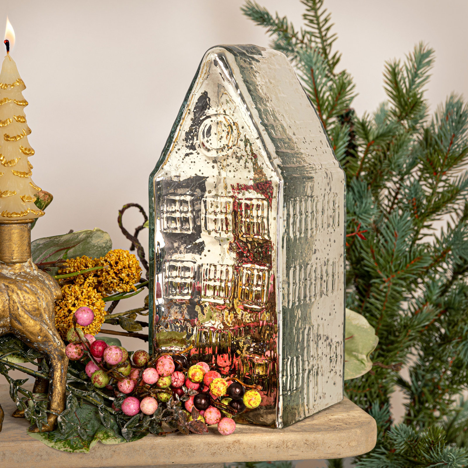 Mercury Glass House Holiday Accent
