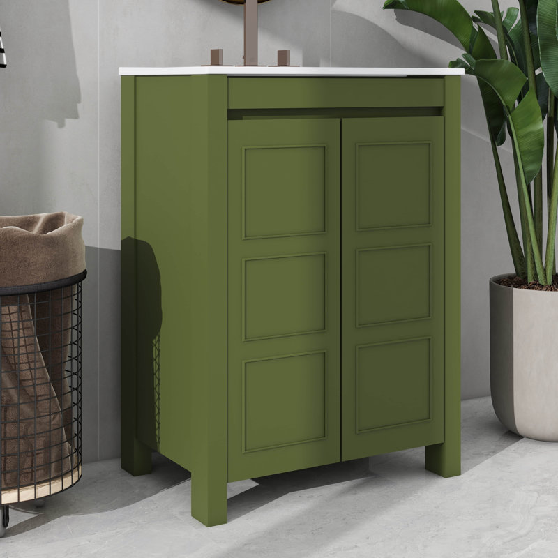 Meuble-lavabo autoportant de 24 po avec lavabo en céramique, Vert olive