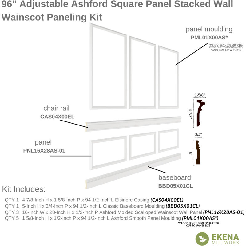 94 1/2"L (Adjustable 96"H to 120"H) Ashford Square Panel Stacked Wall Wainscot Paneling Kit