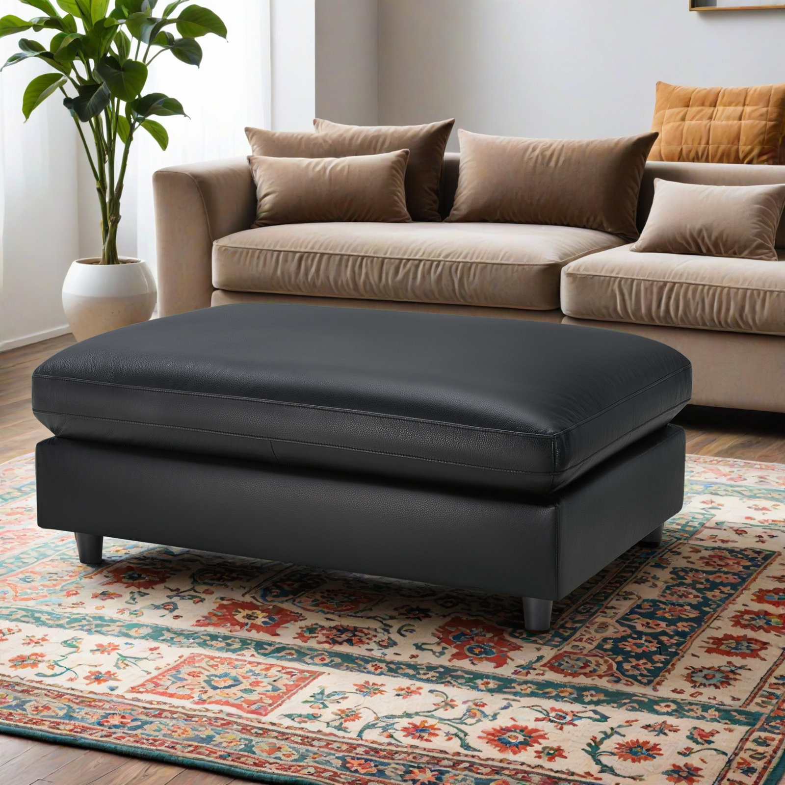 Fleetwood 45" Genuine Leather Ottoman, Impression Black Genuine Leather