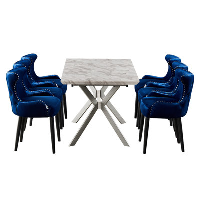 Ricky 6 Person Dining set - a Rectangular Wooden Dining Table with Metal Legs and a Set of 6 Quilted Velvet Dining Chairs for Dining Room - Modern Dining Table Set