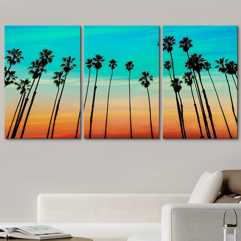 3 pièces californiennes, coucher de soleil et palmiers à Santa Barbara, États-Unis sur toile, 3 pièces