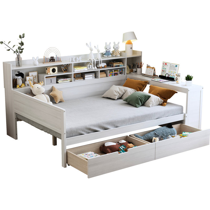 Full Size Wooden Daybed With Versatile Shelf Options And Studying Desk, Antique White Efficient Storage System Desk