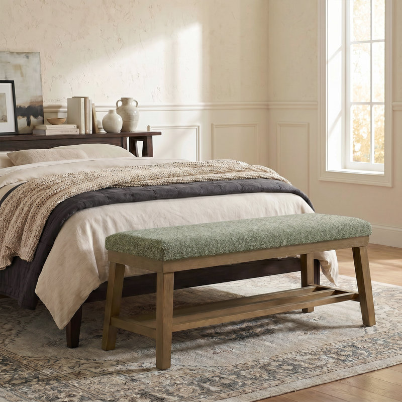 44.4"W Modern Upholstered Wooden Storage Bench with Lower Shelf, Green