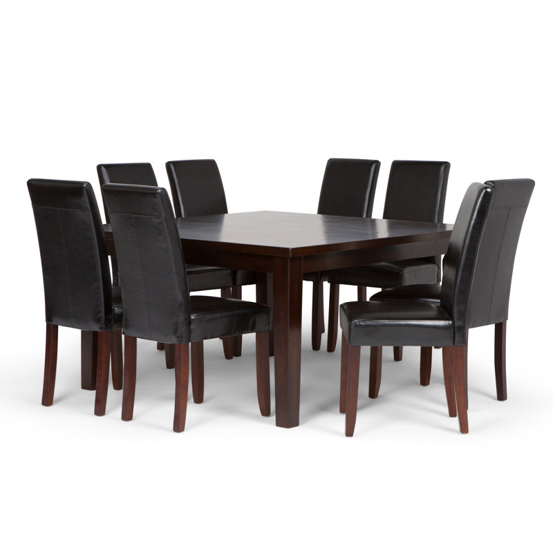 Acadian / Eastwood 9-Piece Dining Set with Solid Hardwood Square Table and 8 High-Back Upholstered Chairs, Midnight Black