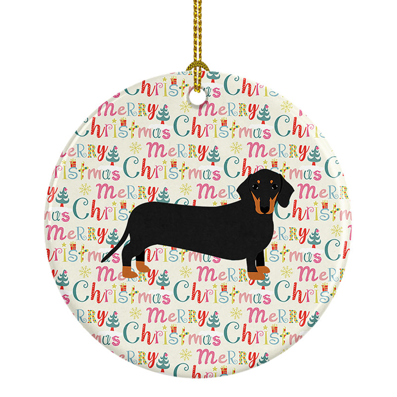 Ornement suspendu en forme de teckel noir et brun clair Merry Christmas