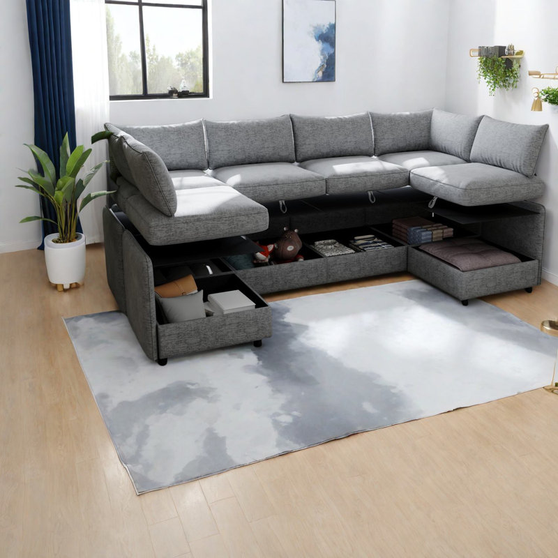 Modern Modular Sofas With Storage, Grey Chenille, Flexible For Living Room