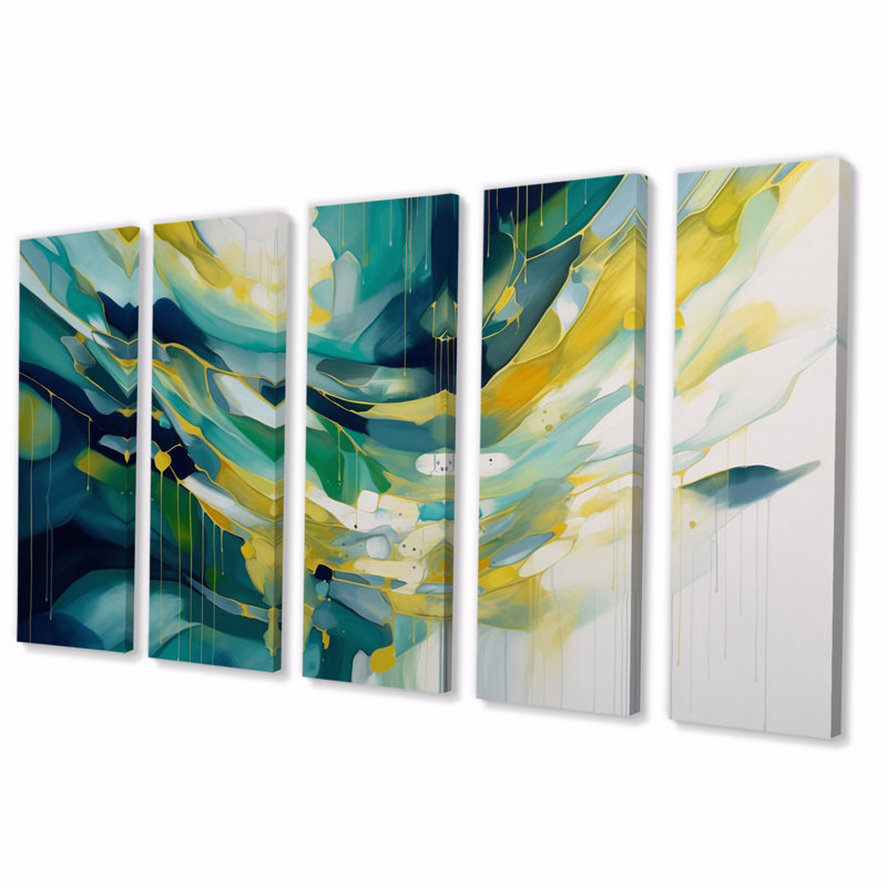 «Yellow Command In Complexity I», reproduction d'art abstrait - 5 panneaux égaux