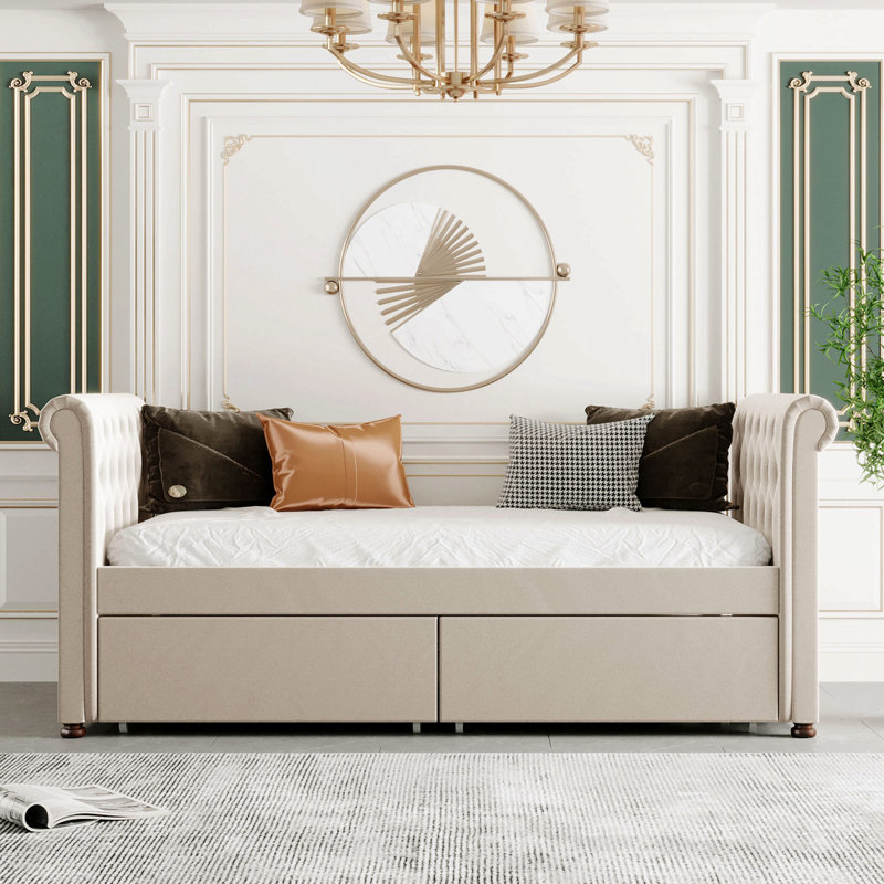 Lit de jour simple tapissier avec tiroirs, support en lattes de bois, beige
