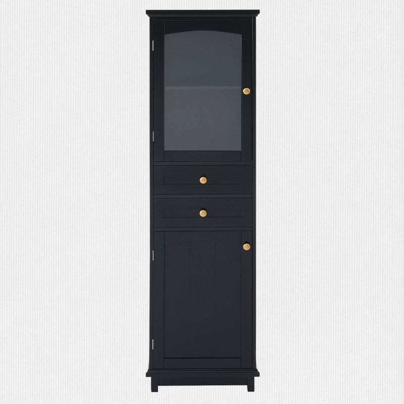 Office Storage Cabinet with Adjustable Shelves, Glass Door, and Two Drawers, Black