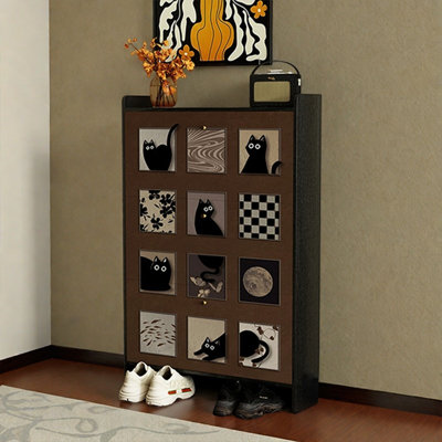 Ultra-Thin Flip-Down Shoe Cabinet with Cat Pattern