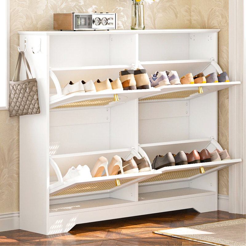 Mid - Century White Shoe Cabinet With 4 Woven Flip Drawers, 2 Hooks For Key Hanging, Freestanding In Hallway, Tip Feature, Felt Pads At Base, Keeps Shoes Odor Design Organizer Doors, , Entryway,