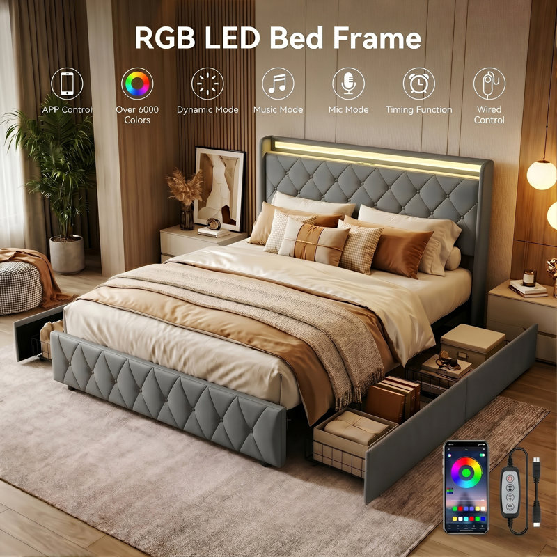 Smart Velvet Bed Frame with LED Charging Headboard, Tufted Upholstered Frame with Storage Drawers, Grey/Beige in Multiple Size (EU Single, Double & King)