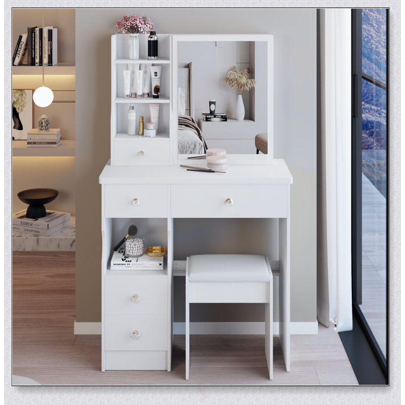 Compact 29.2-Inch Vanity Table With Extra Large Sliding Mirror, Multi-Layer Storage, And Cushioned Stool For Small Spaces