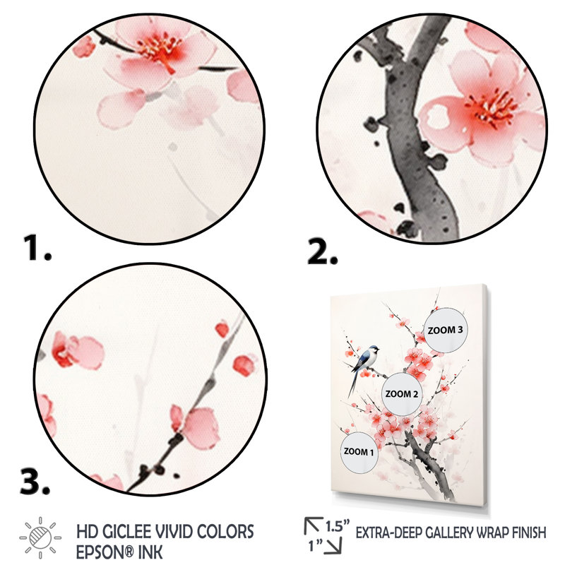 «Asian Art Sumi Bird Serenity IX», reproduction sur toile, Cadre photo blanc, H 32 po x l 24 po x P 1 po
