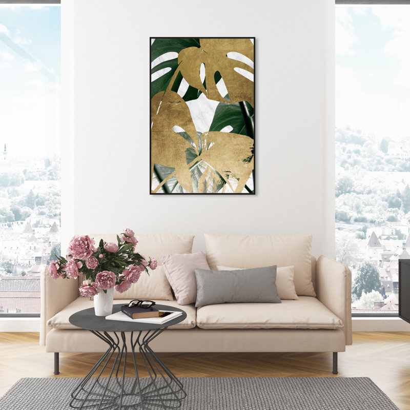 Plantes dorées, plantes tropicales - impression sur toile, H 46 po x l 31 po, Cadre flottant noir