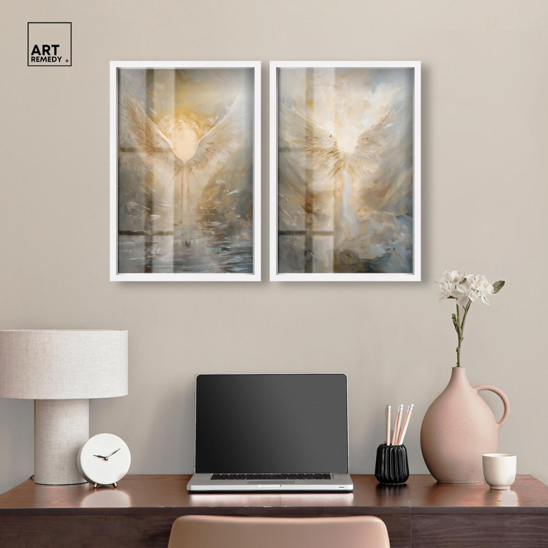 «Elysian Feathers Duet Shadowbox Print Gold Boho» par Art Remedy, cadre blanc, 16 x 24, H 25 po x l 17 po, Cadre blanc