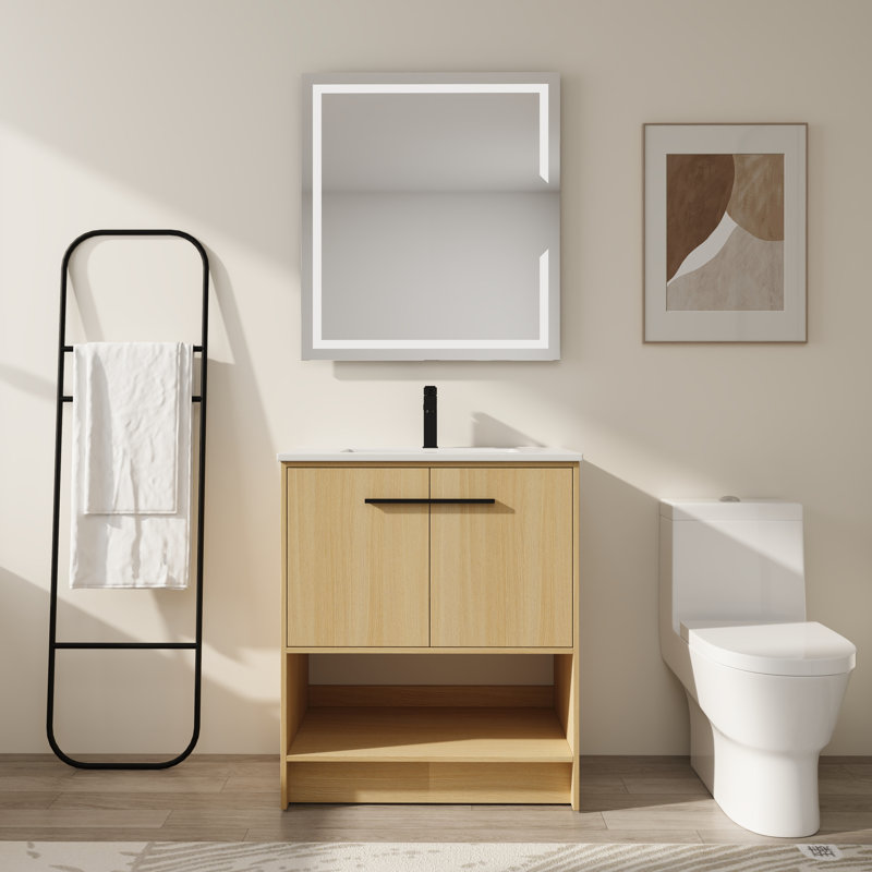 Meuble-lavabo autoportant de 30 po avec lavabo en céramique et portes à fermeture en douceur, Natural
