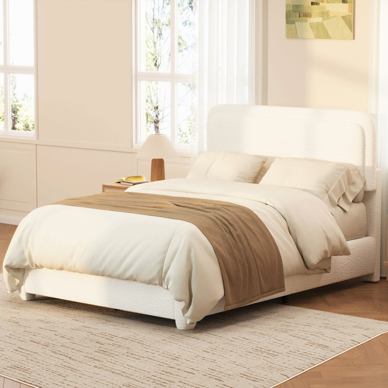 Structure de lit Boucle avec tête de lit à hauteur réglable, lit plateforme moderne avec tête de lit courbée, lit plateforme élégant en tissu Boucle